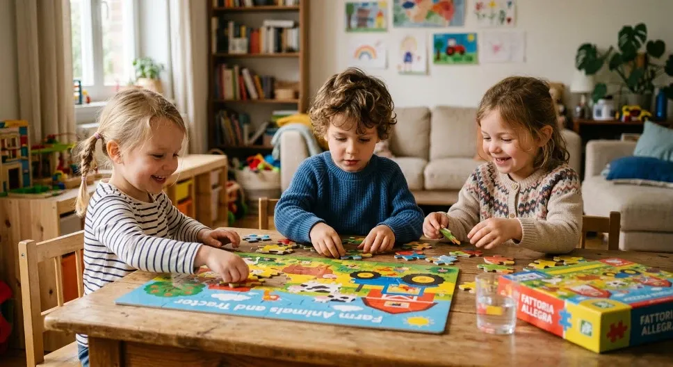 Tre bambini seduti allo stesso tavolo mentre compongono insieme un puzzle.