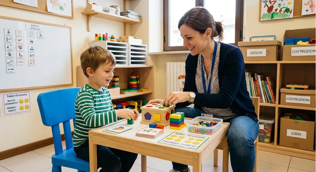 Un'operatrice e un bambino seduti al tavolo durante una seduta di intervento, con materiali strutturati, agenda visiva e tabella della token economy.